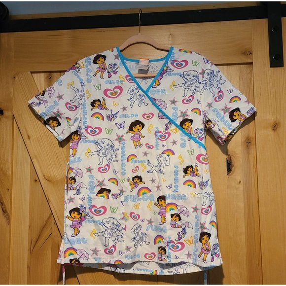Nickelodeon Women Faux Wrap Tie Back Top Scrubs Dora Explorer Rainbow Size Small - Picture 1 of 10